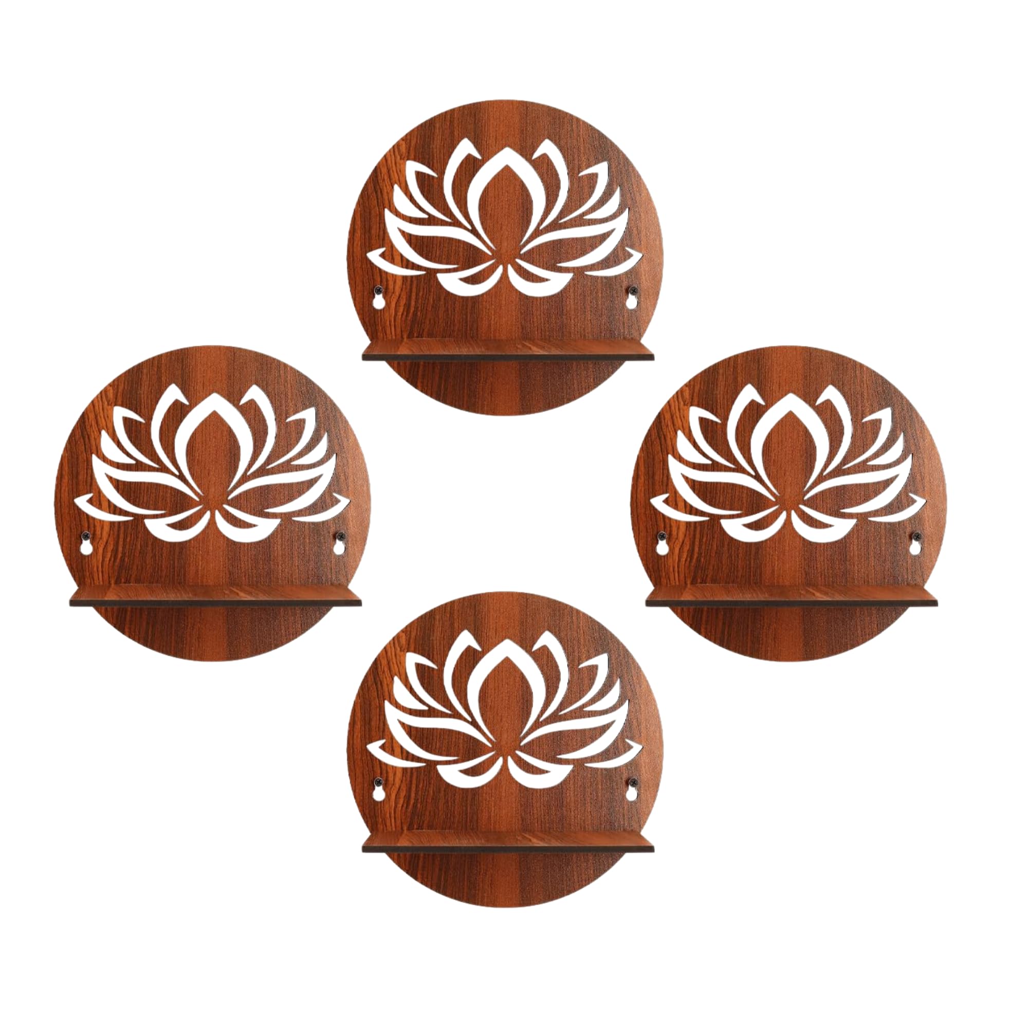 Round Wooden Wall Shelf with Lotus Flower Cutout Design Set Of 4 | ASOBO