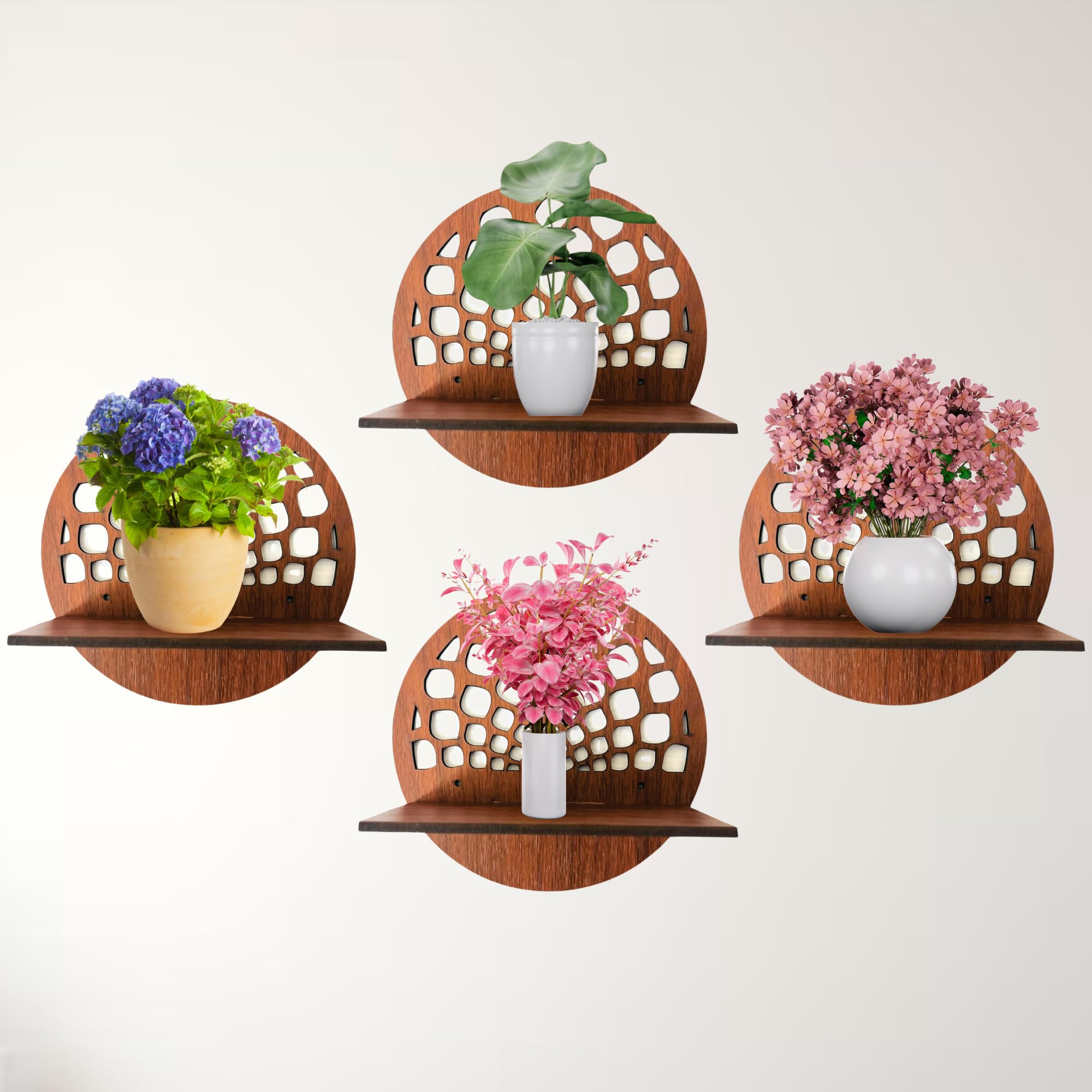 Set of 4 Brown MDF Round Wall Shelves with Geometric Cutout Design | ASOBO