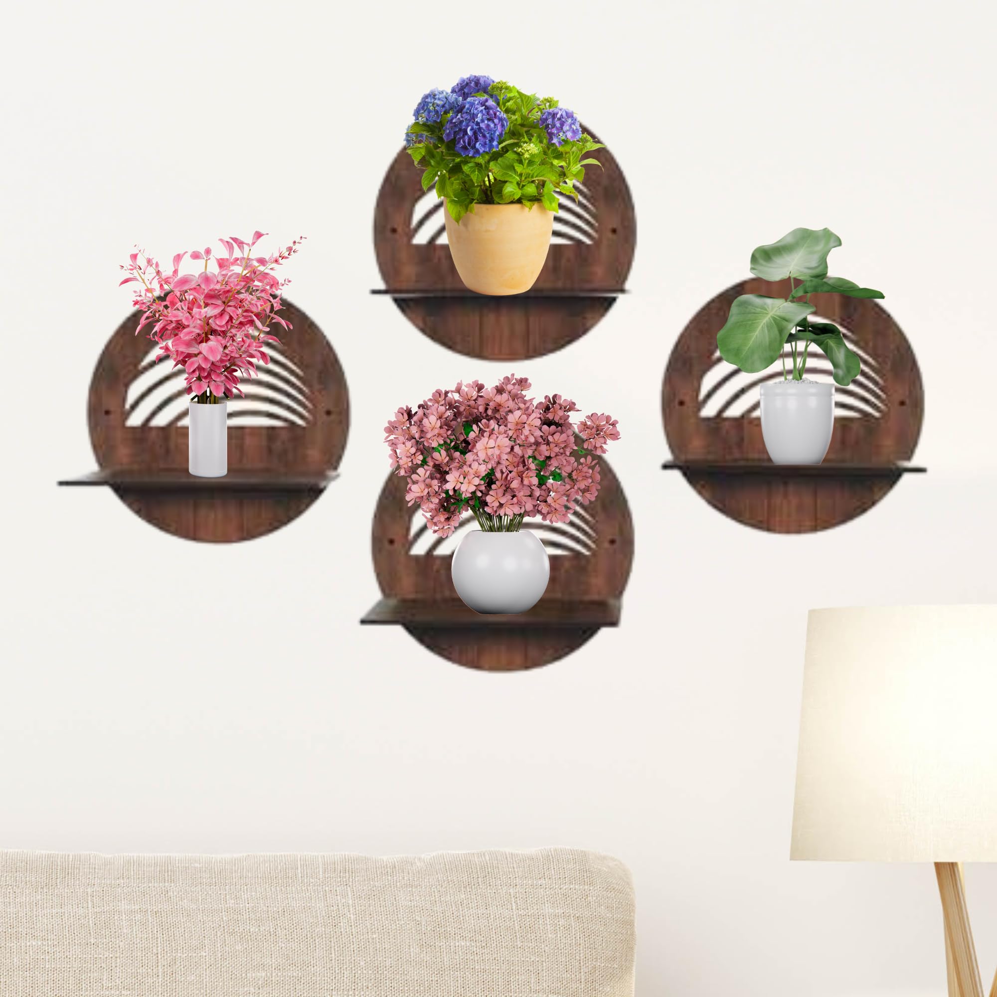 Round Wooden Wall Shelf with Artistic Cutout Design Set of 4 | ASOBO