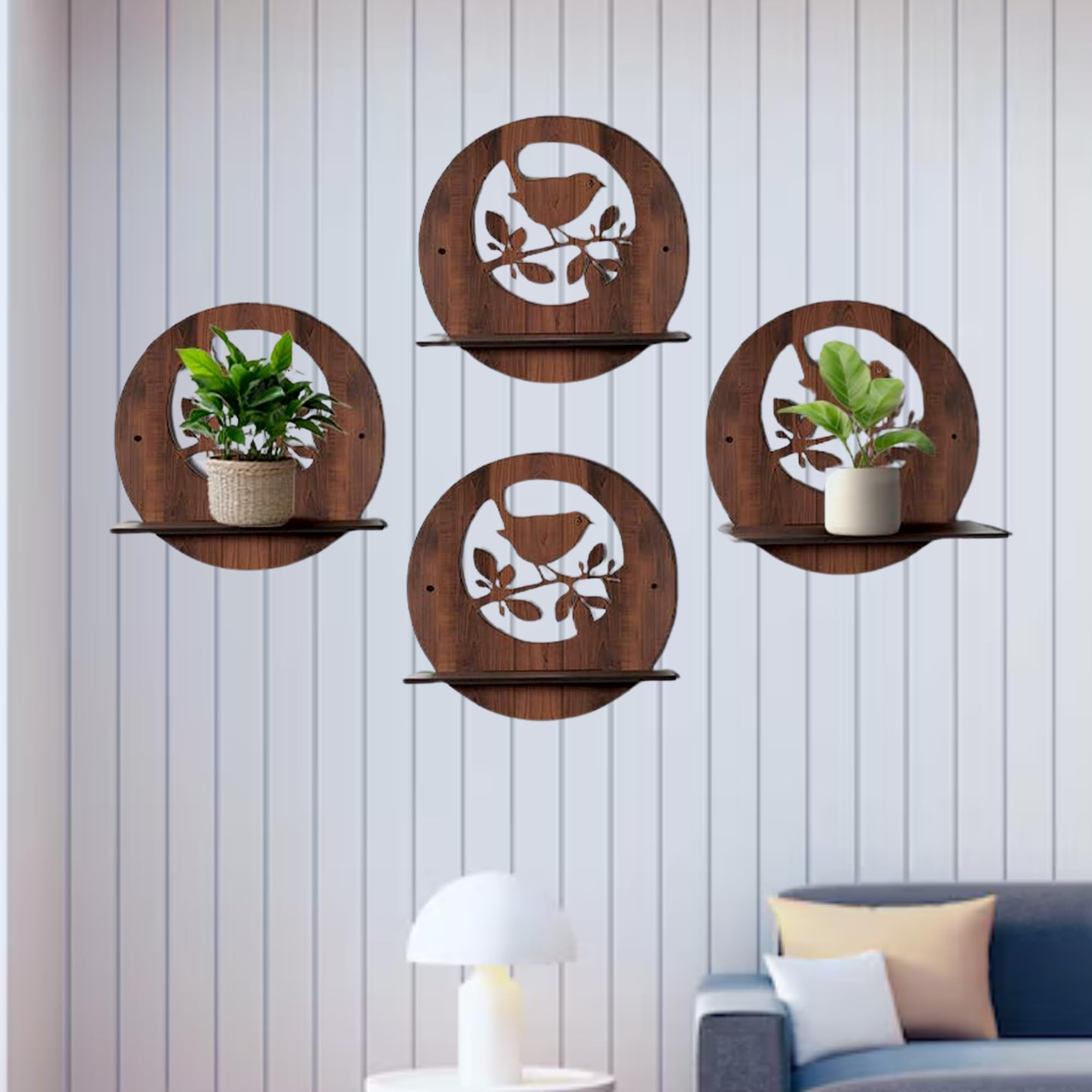 Round Wooden Wall Shelf with Bird on Branch Cutout Design Set Of 4 | ASOBO