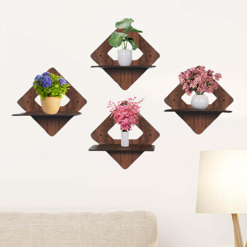 Set of 4 Brown MDF Diamond-Shaped Wall Shelves | ASOBO