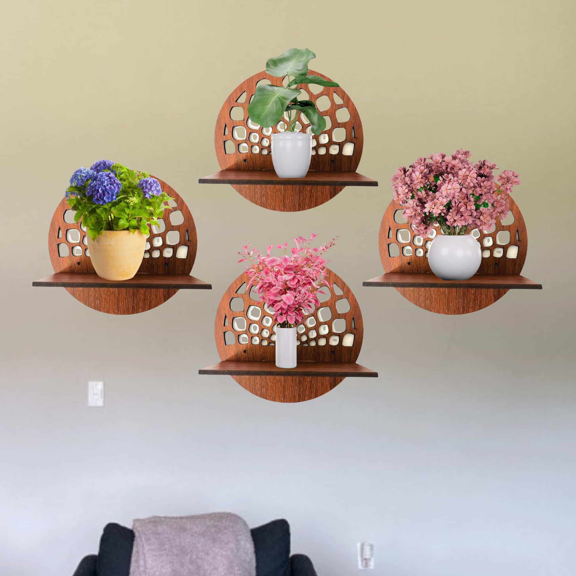 Set of 4 Brown MDF Round Wall Shelves with Geometric Cutout Design | ASOBO