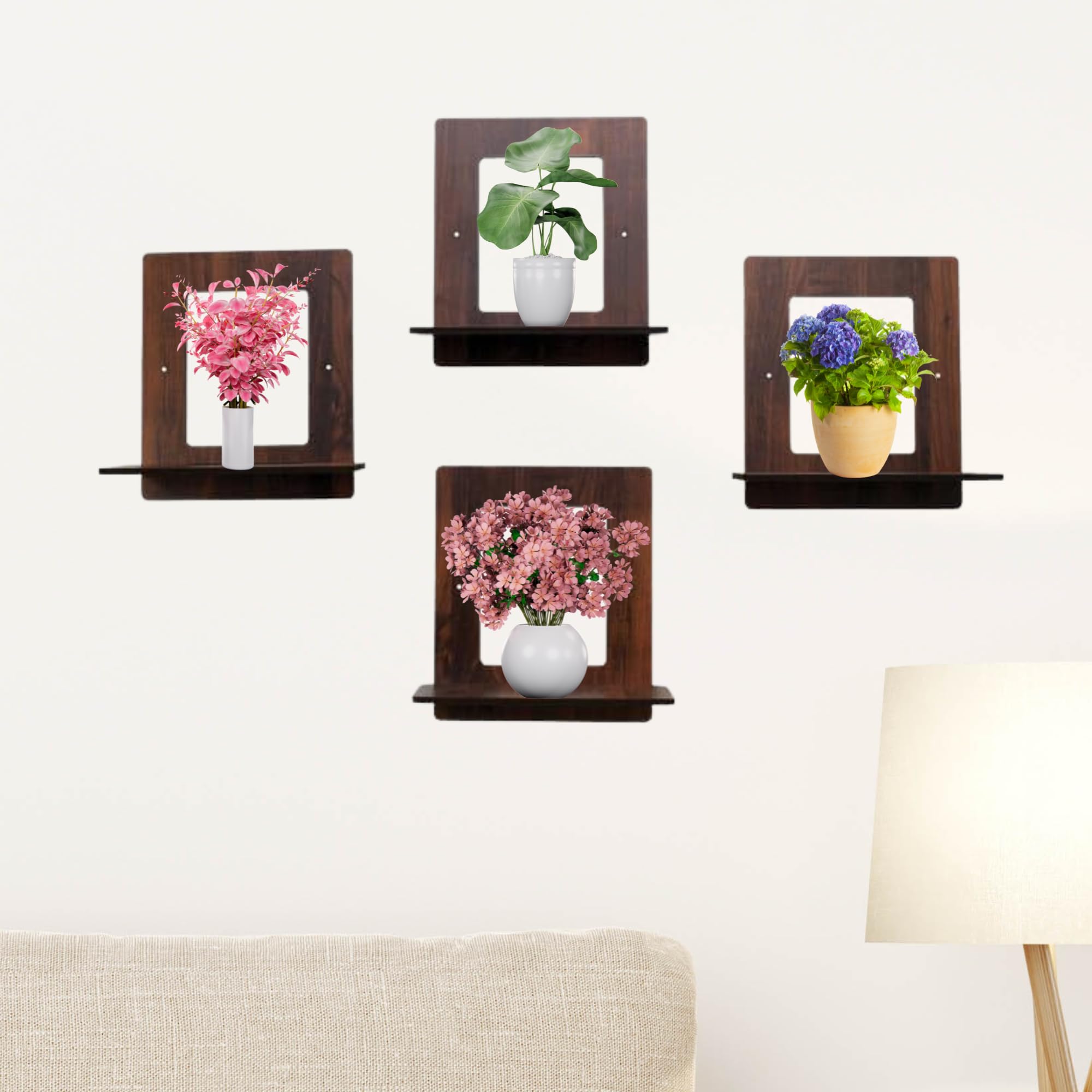 Set of 4 Brown MDF Square-Shaped Wall Shelves | ASOBO