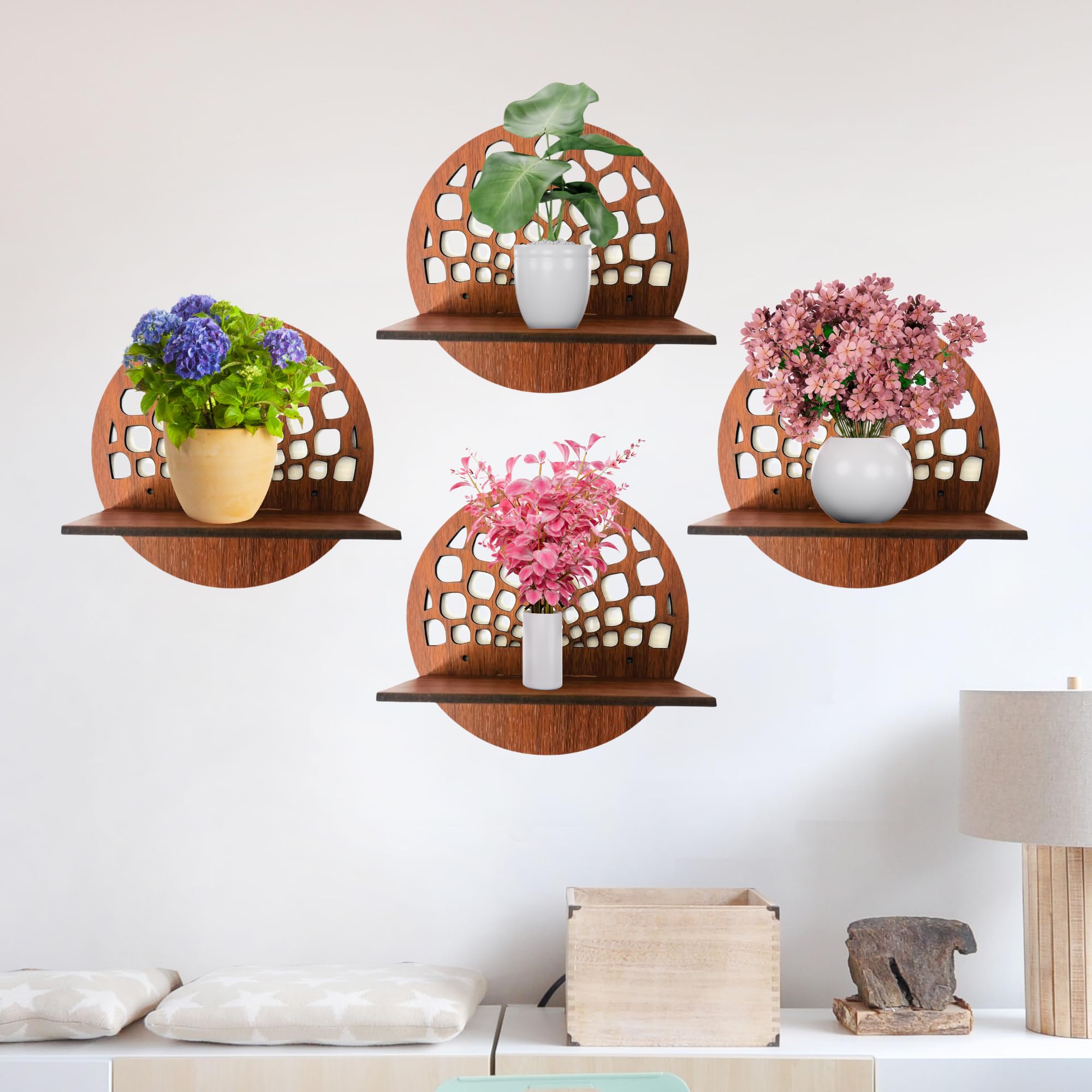 Set of 4 Brown MDF Round Wall Shelves with Geometric Cutout Design | ASOBO