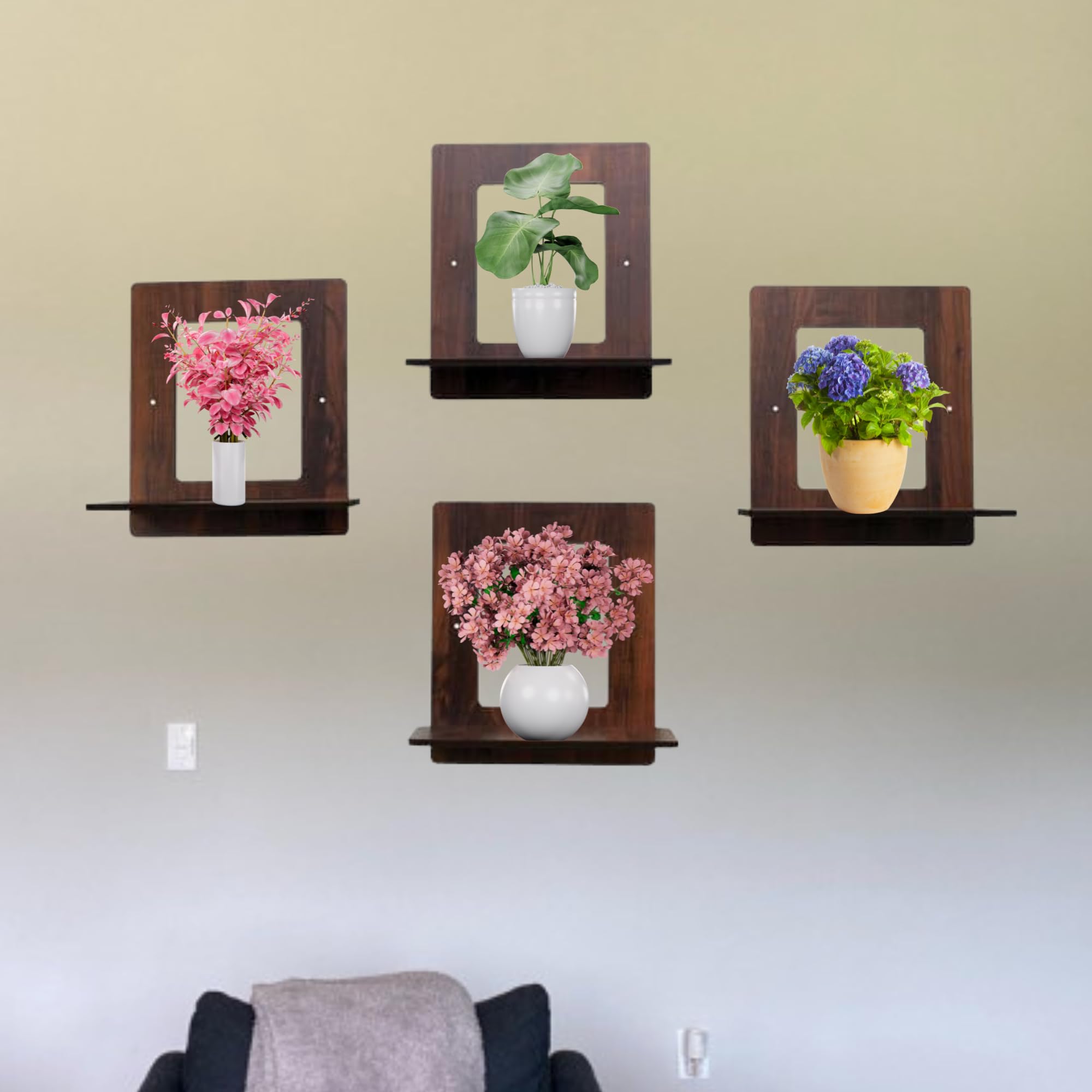 Set of 4 Brown MDF Square-Shaped Wall Shelves | ASOBO
