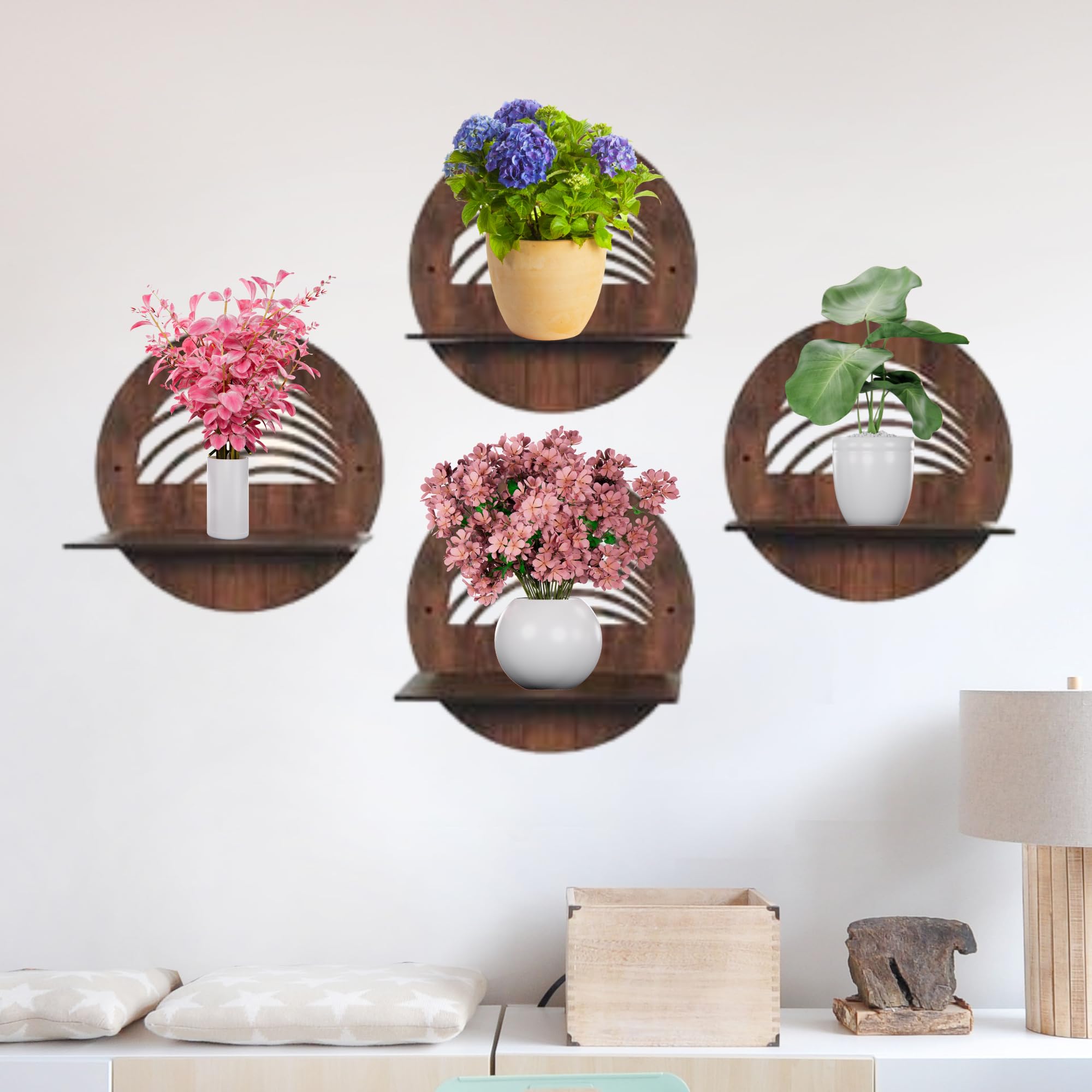 Round Wooden Wall Shelf with Artistic Cutout Design Set of 4 | ASOBO