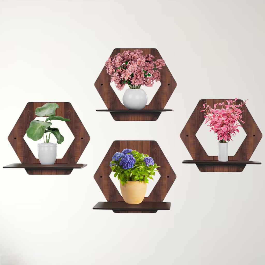 Set of 4 Brown MDF Hexagon Wall Shelves | ASOBO