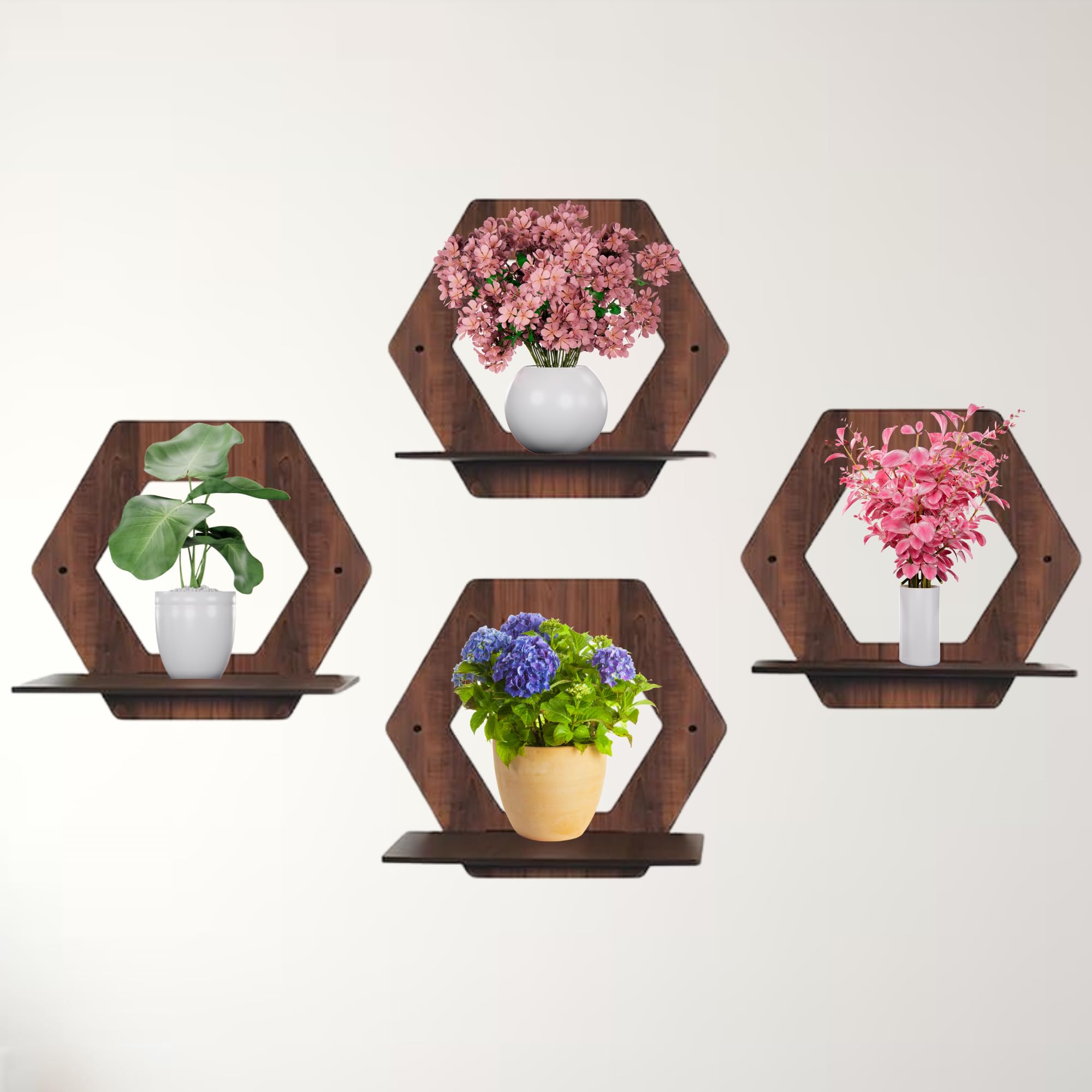 Set of 4 Brown MDF Hexagon Wall Shelves | ASOBO