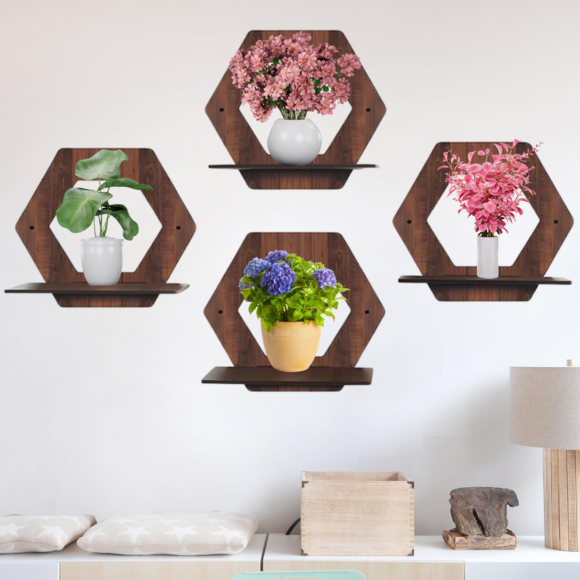 Set of 4 Brown MDF Hexagon Wall Shelves | ASOBO