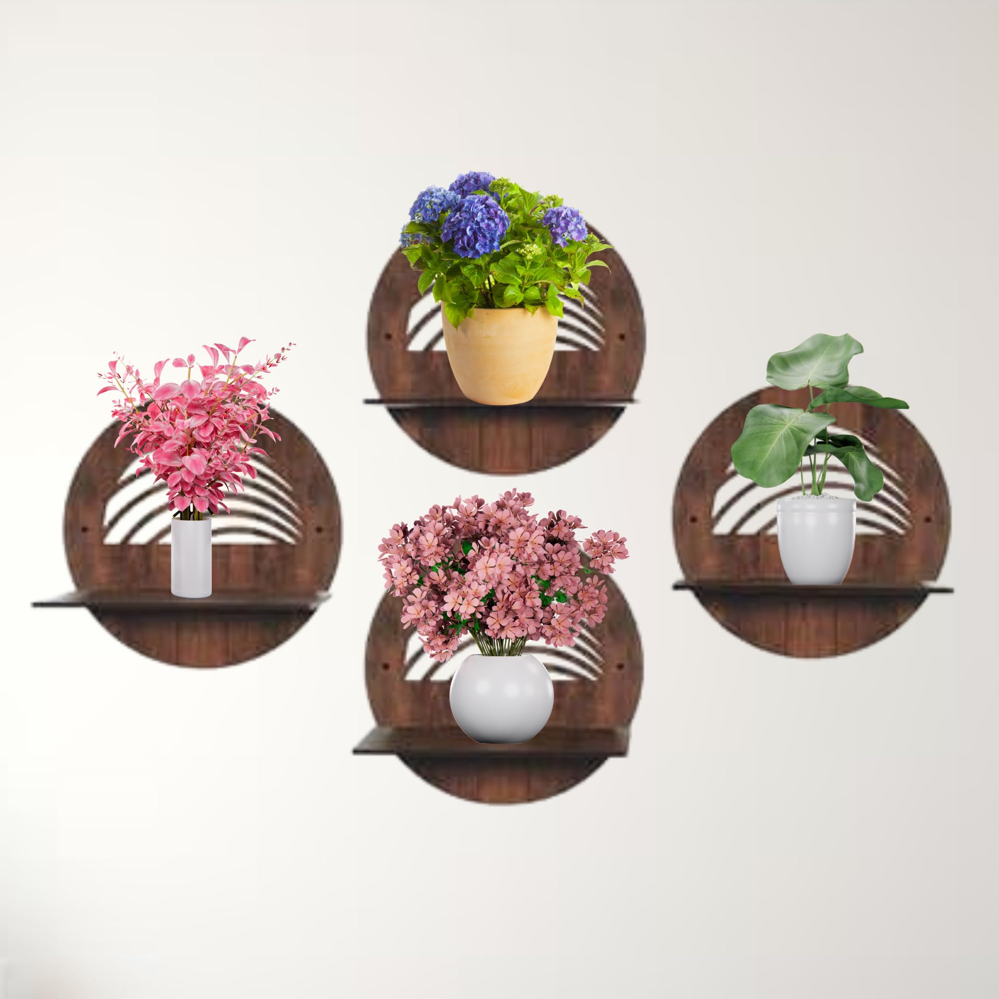 Round Wooden Wall Shelf with Artistic Cutout Design Set of 4 | ASOBO