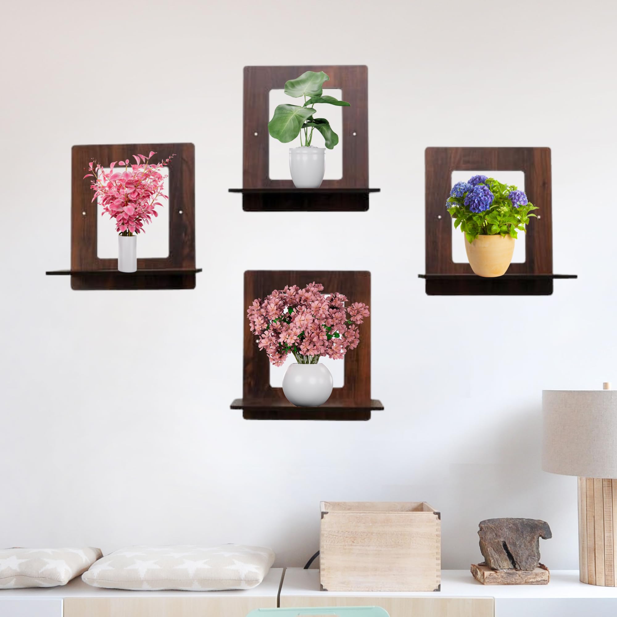 Set of 4 Brown MDF Square-Shaped Wall Shelves | ASOBO