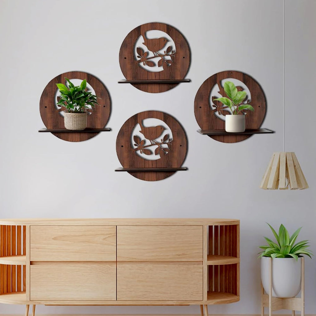 Round Wooden Wall Shelf with Bird on Branch Cutout Design Set Of 4 | ASOBO