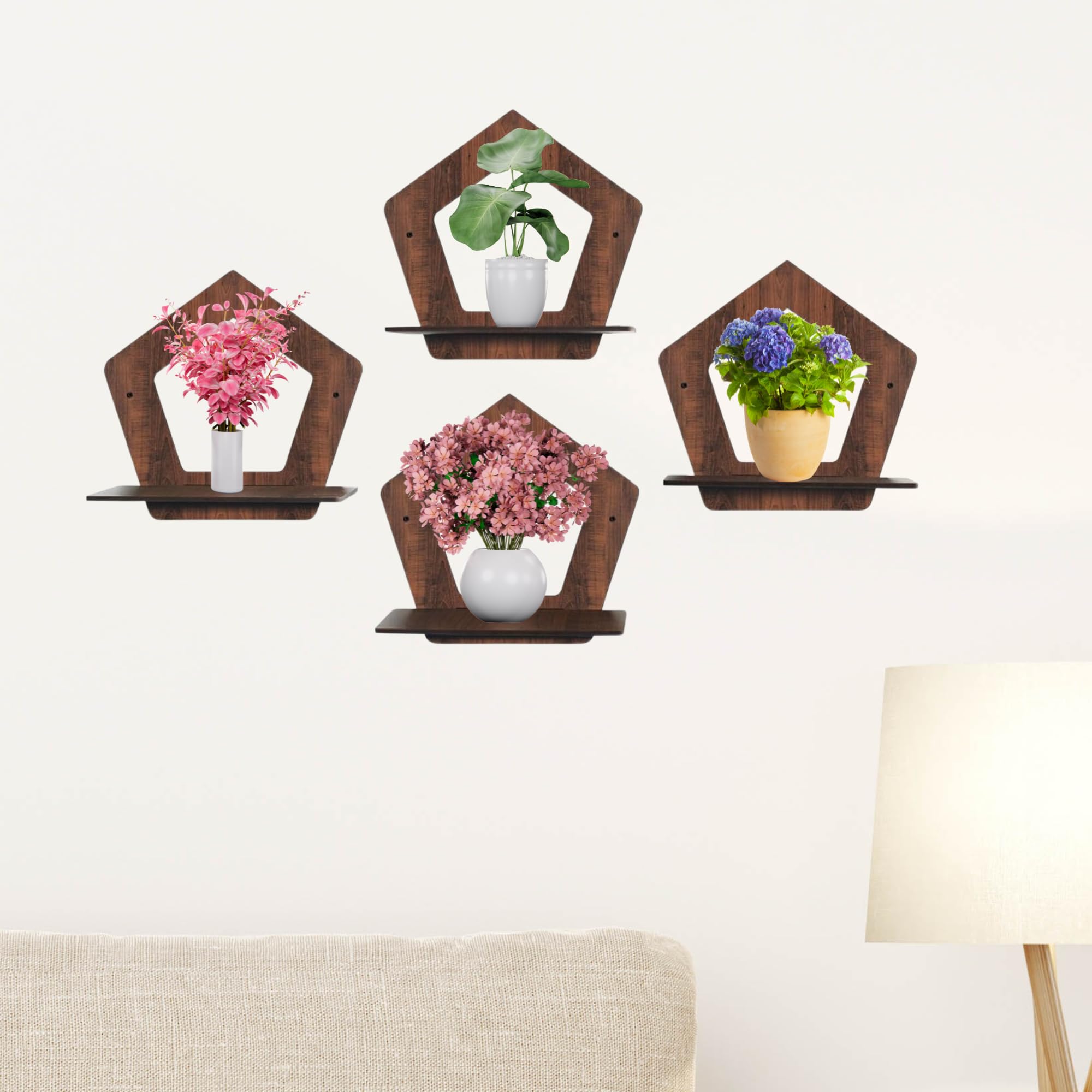 Set of 4 Brown MDF Pentagon-Shaped Wall Shelves | ASOBO