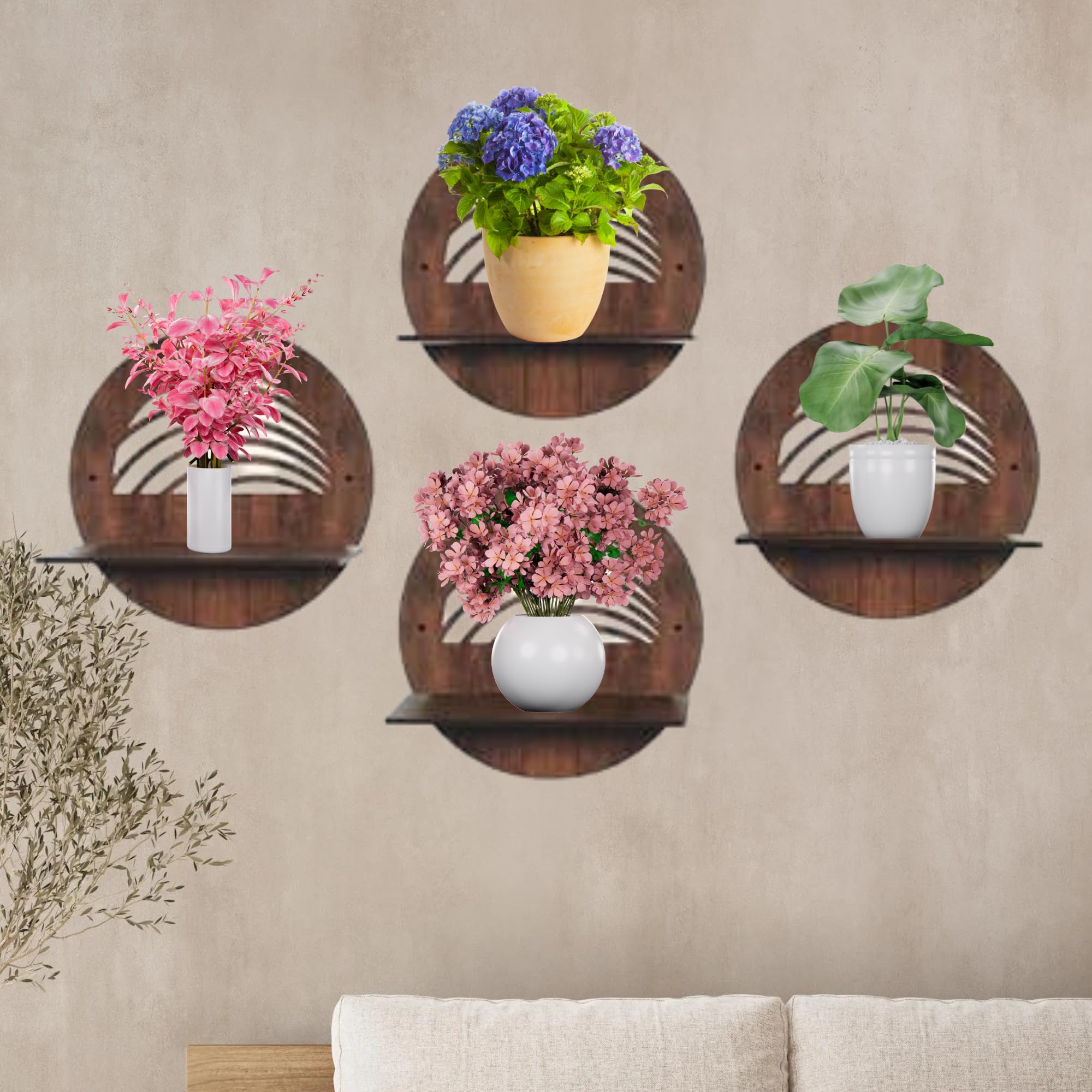 Round Wooden Wall Shelf with Artistic Cutout Design Set of 4 | ASOBO