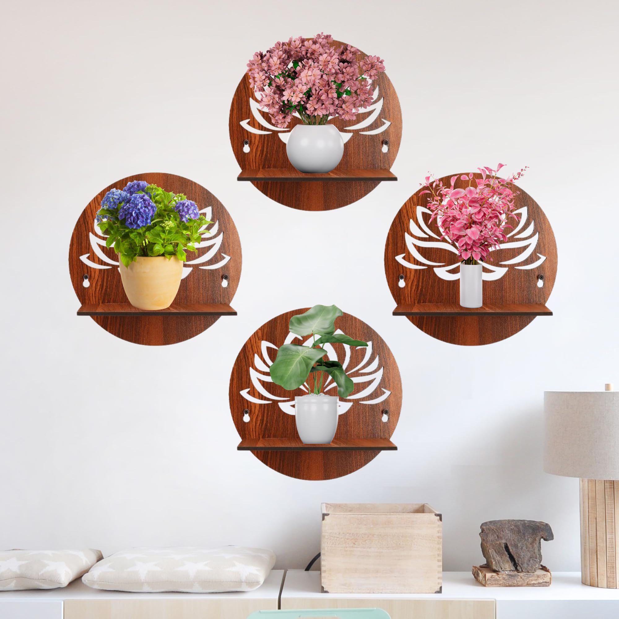 Round Wooden Wall Shelf with Lotus Flower Cutout Design Set Of 4 | ASOBO