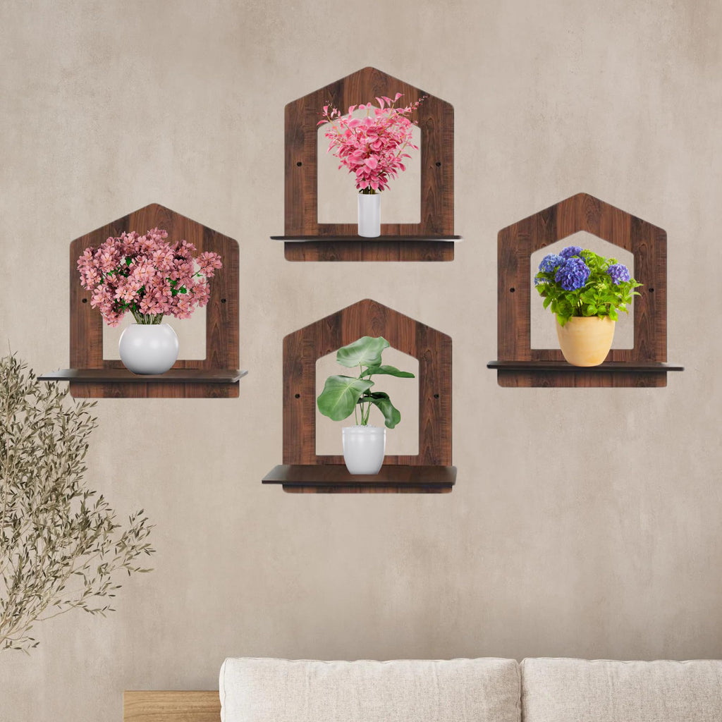 Set of 4 Brown MDF House-Shaped Wall Shelves | ASOBO