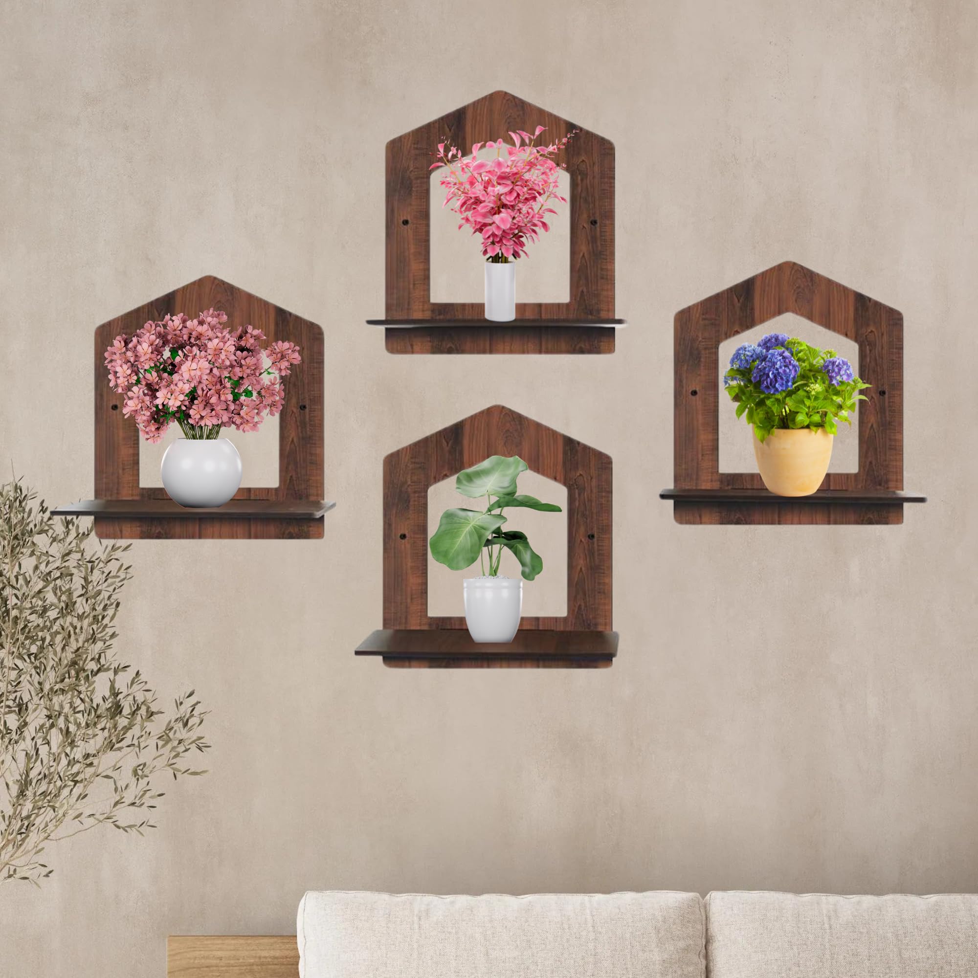Set of 4 Brown MDF House-Shaped Wall Shelves | ASOBO