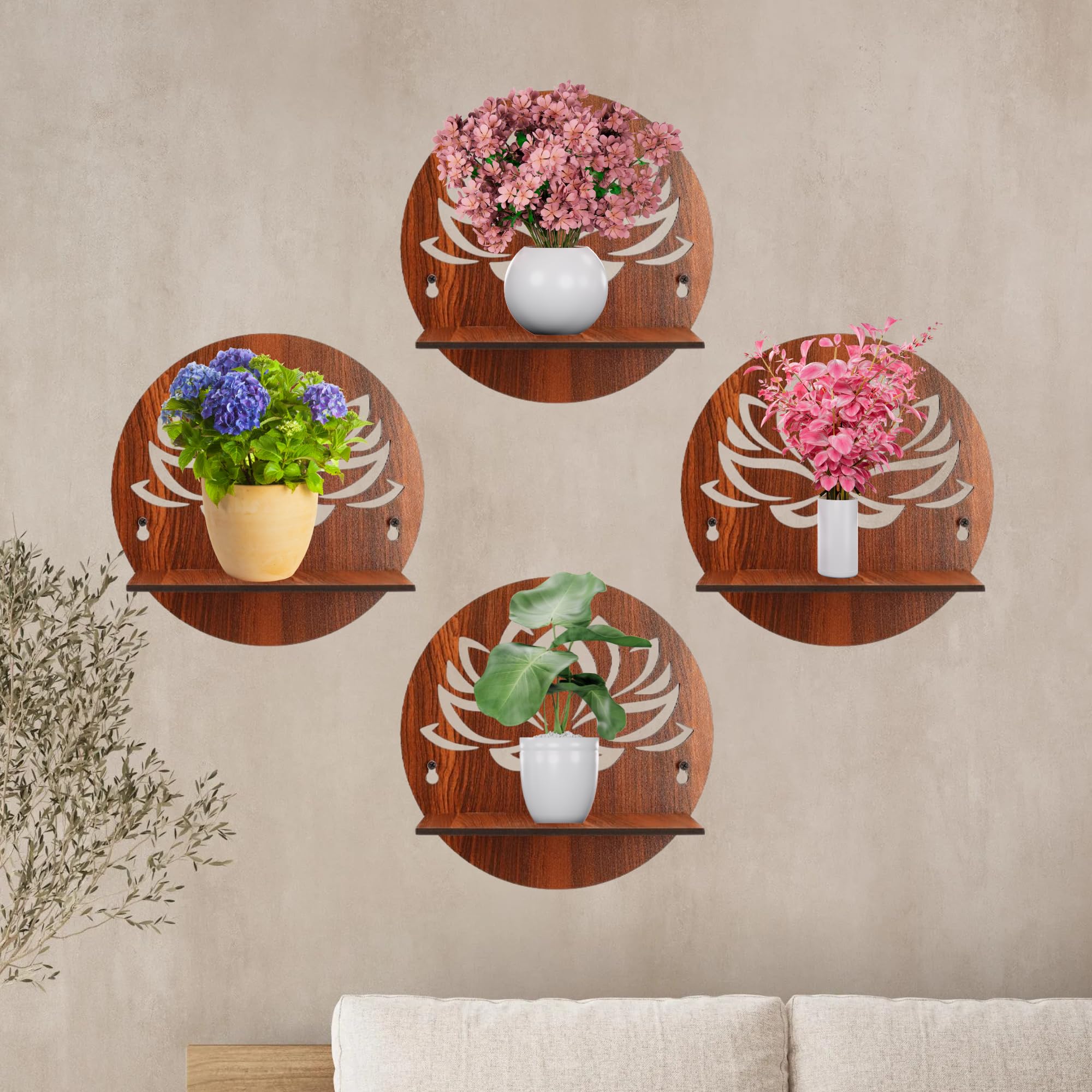 Round Wooden Wall Shelf with Lotus Flower Cutout Design Set Of 4 | ASOBO