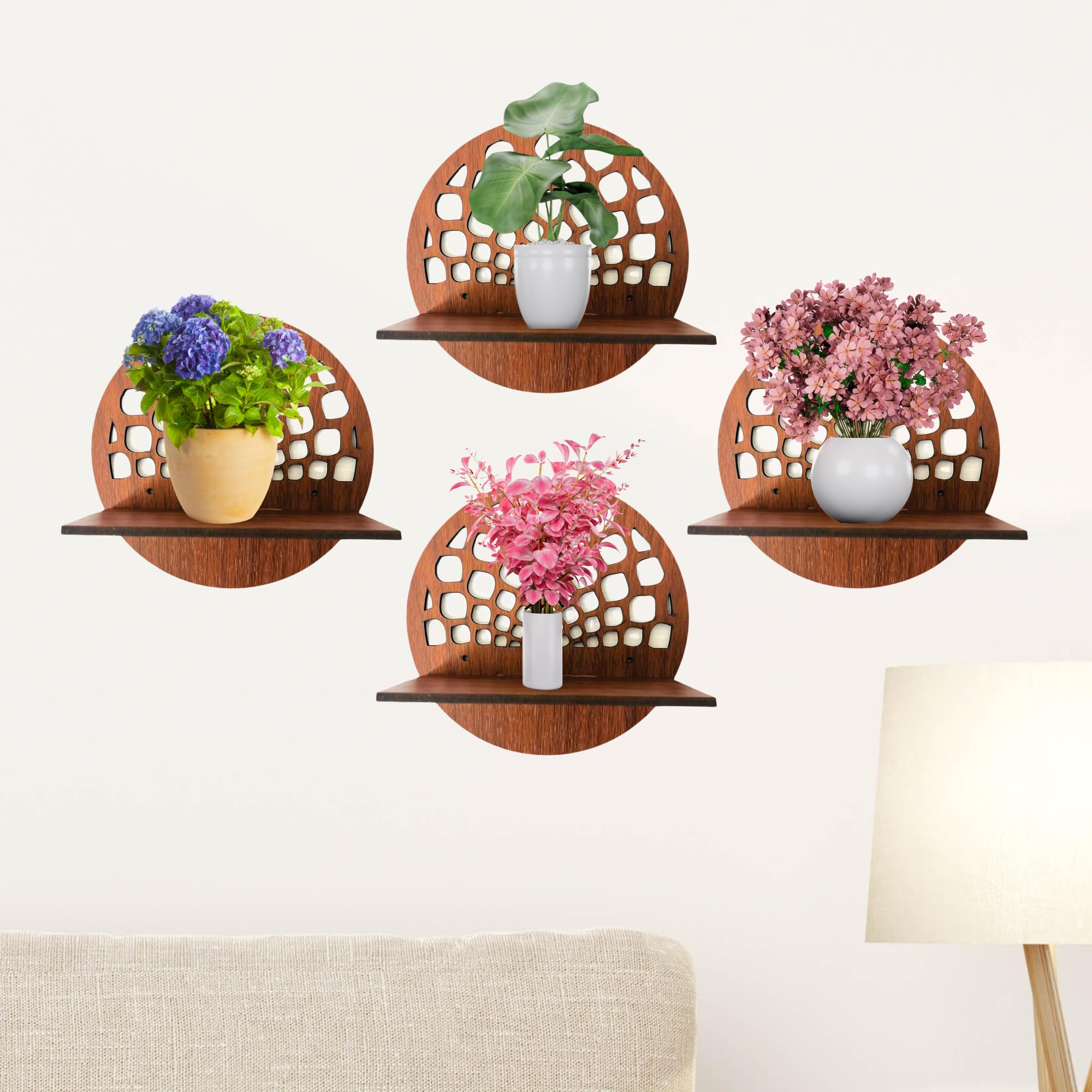 Set of 4 Brown MDF Round Wall Shelves with Geometric Cutout Design | ASOBO