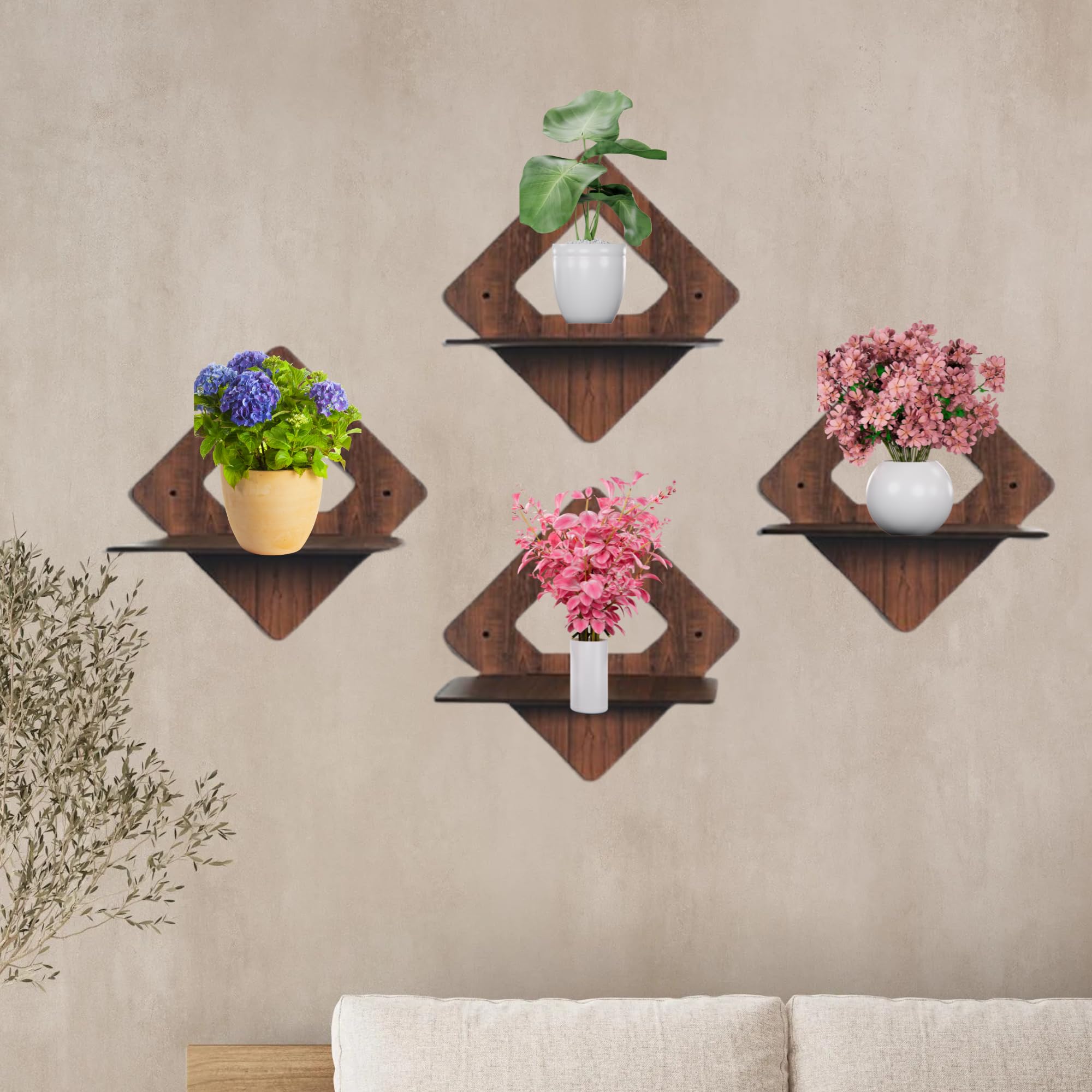 Set of 4 Brown MDF Diamond-Shaped Wall Shelves | ASOBO