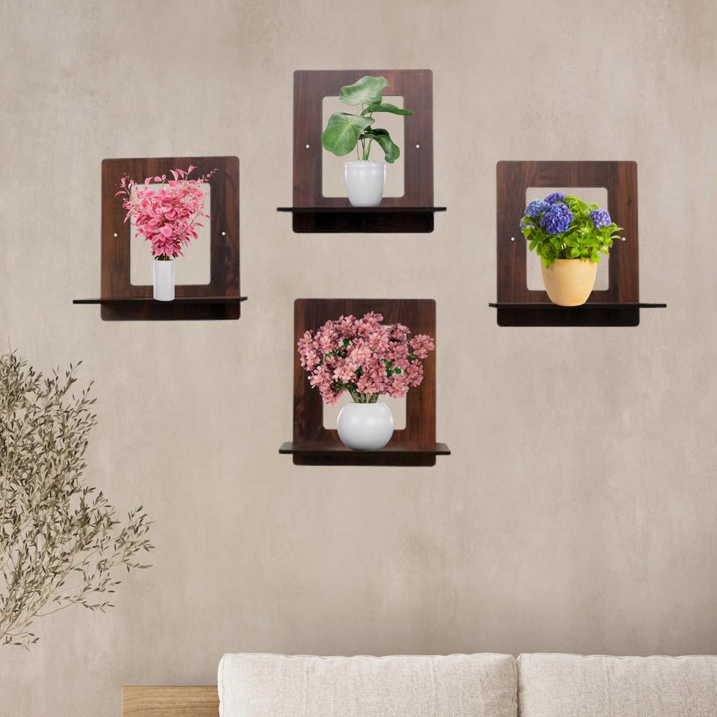 Set of 4 Brown MDF Square-Shaped Wall Shelves | ASOBO