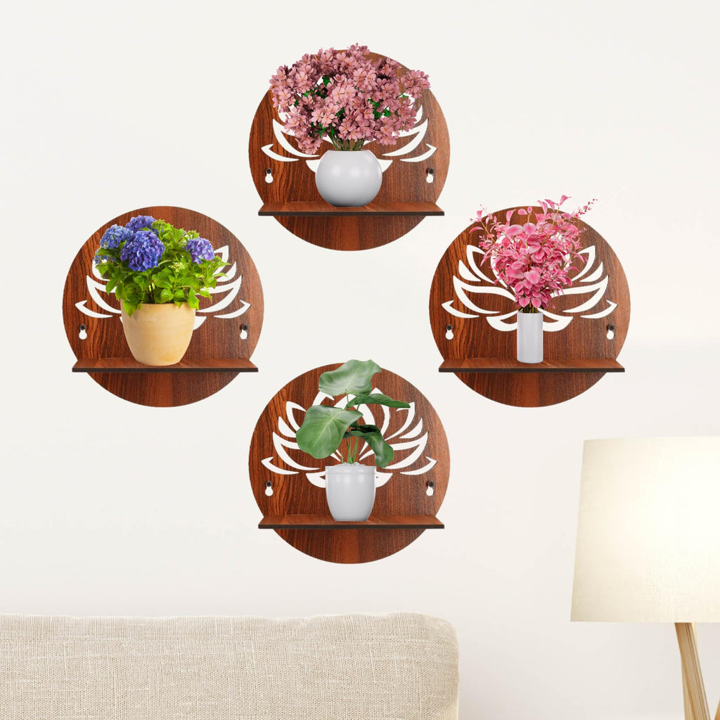 Round Wooden Wall Shelf with Lotus Flower Cutout Design Set Of 4 | ASOBO