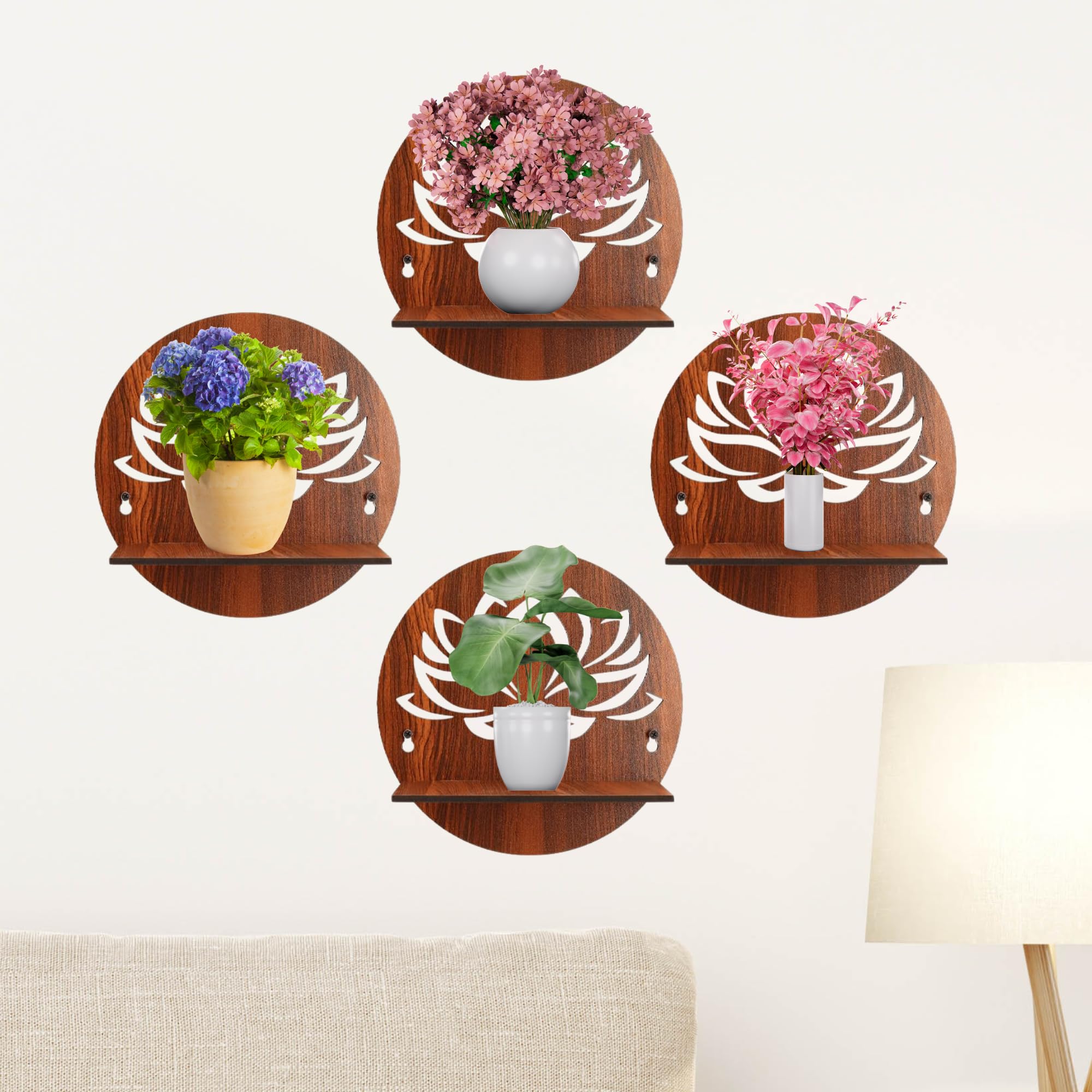 Round Wooden Wall Shelf with Lotus Flower Cutout Design Set Of 4 | ASOBO
