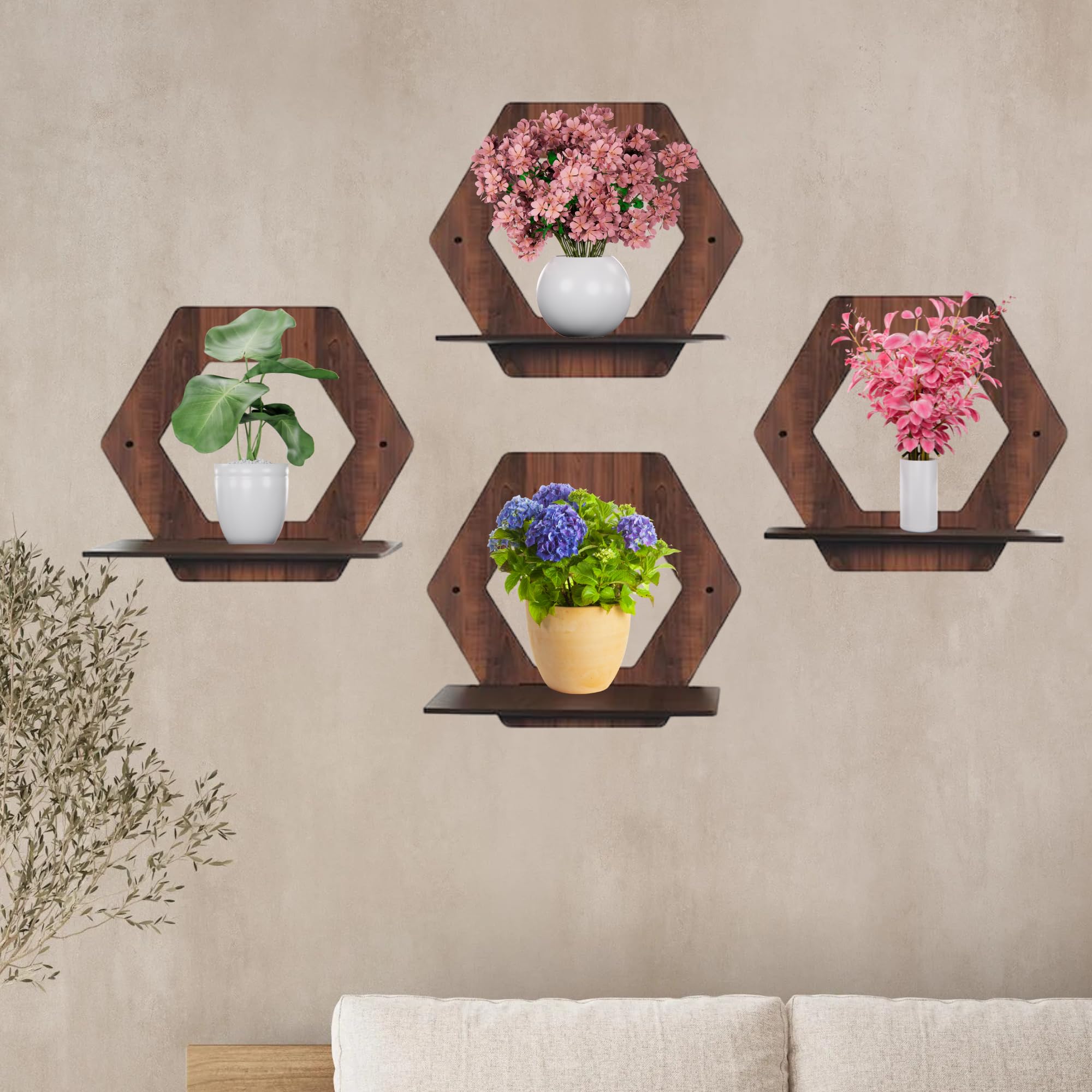 Set of 4 Brown MDF Hexagon Wall Shelves | ASOBO