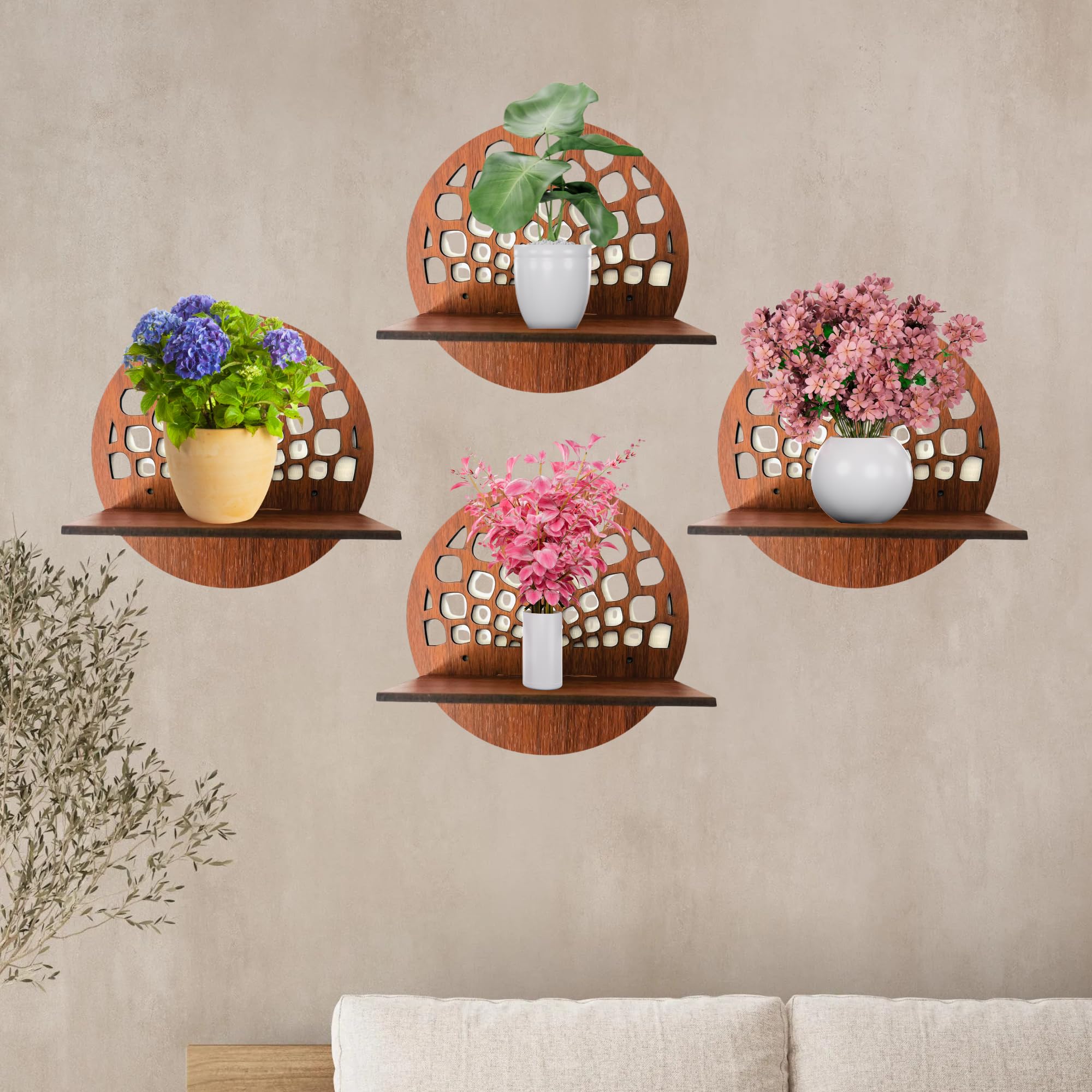 Set of 4 Brown MDF Round Wall Shelves with Geometric Cutout Design | ASOBO