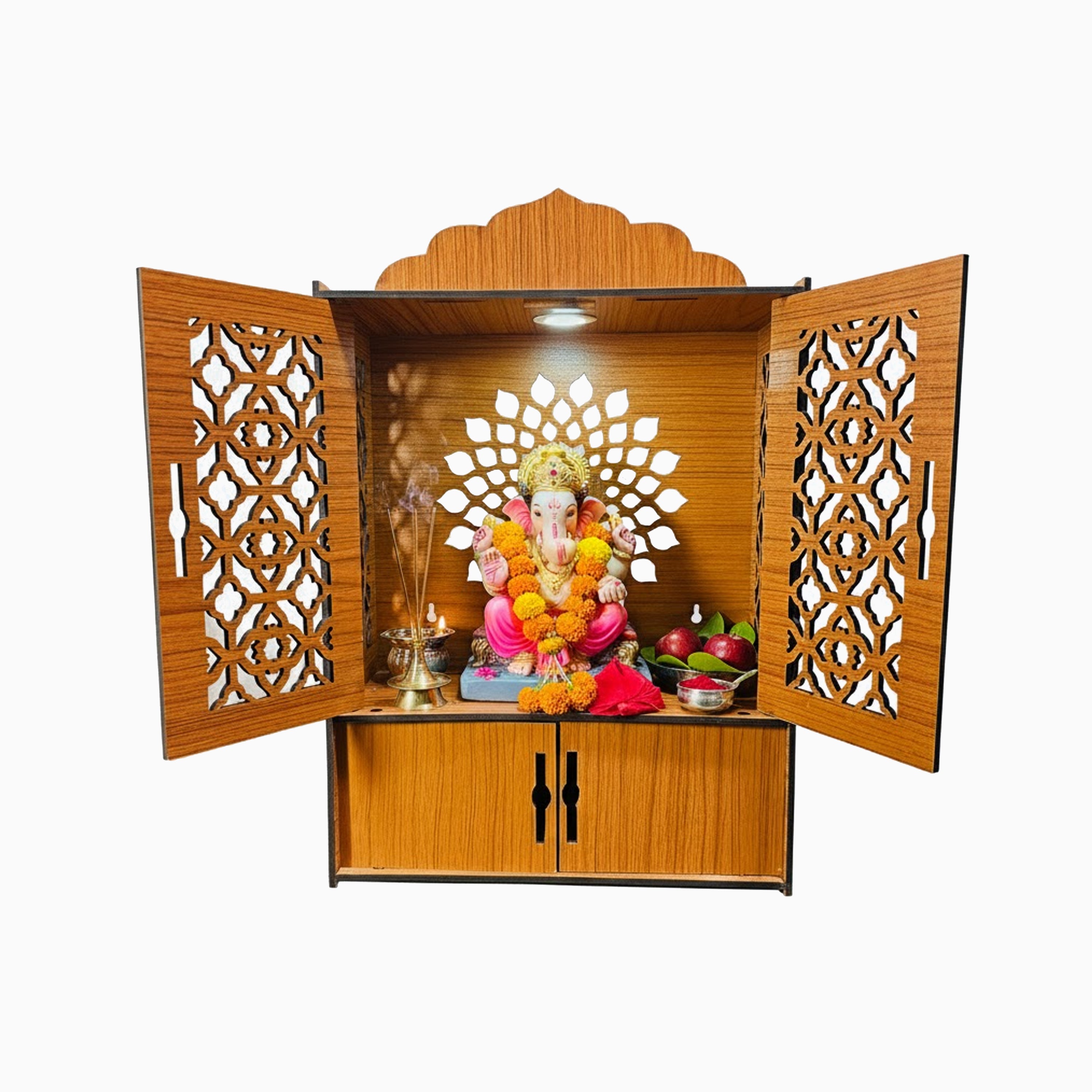 Premium Wooden Pooja Mandir for Home & Office With LED | Wall Mounted Temple with Carved Doors & Storage