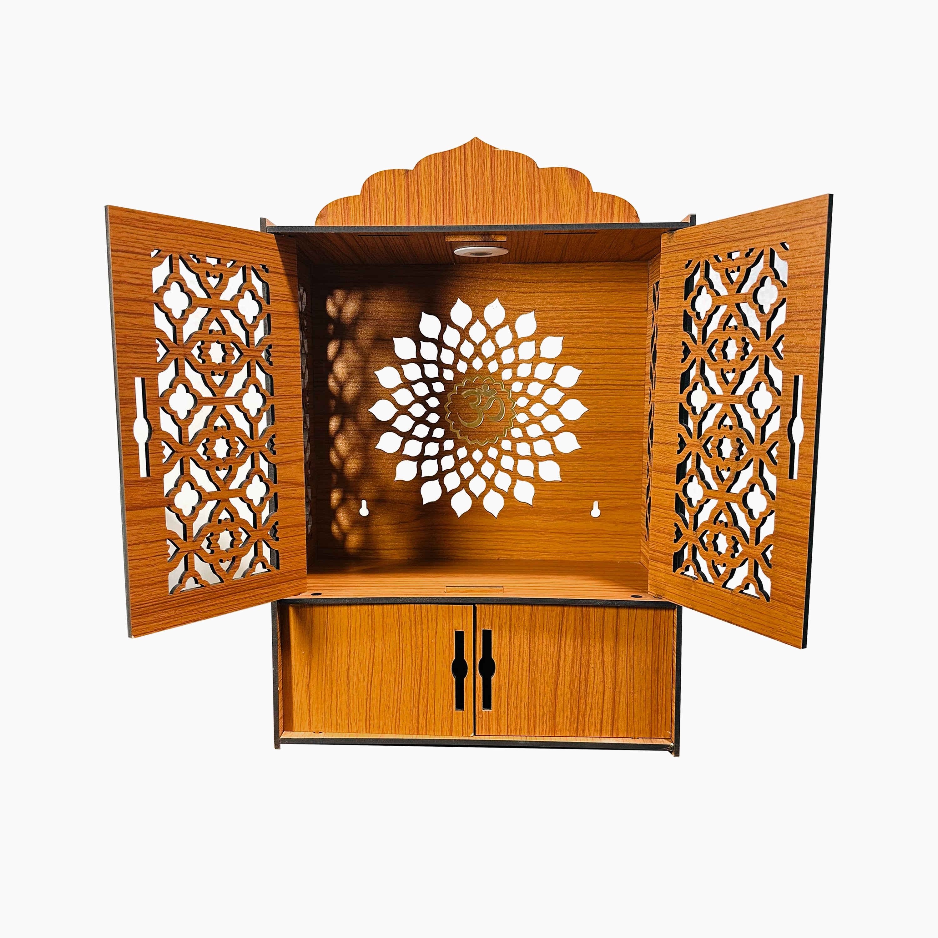 Premium Wooden Pooja Mandir for Home & Office With LED | Wall Mounted Temple with Carved Doors & Storage
