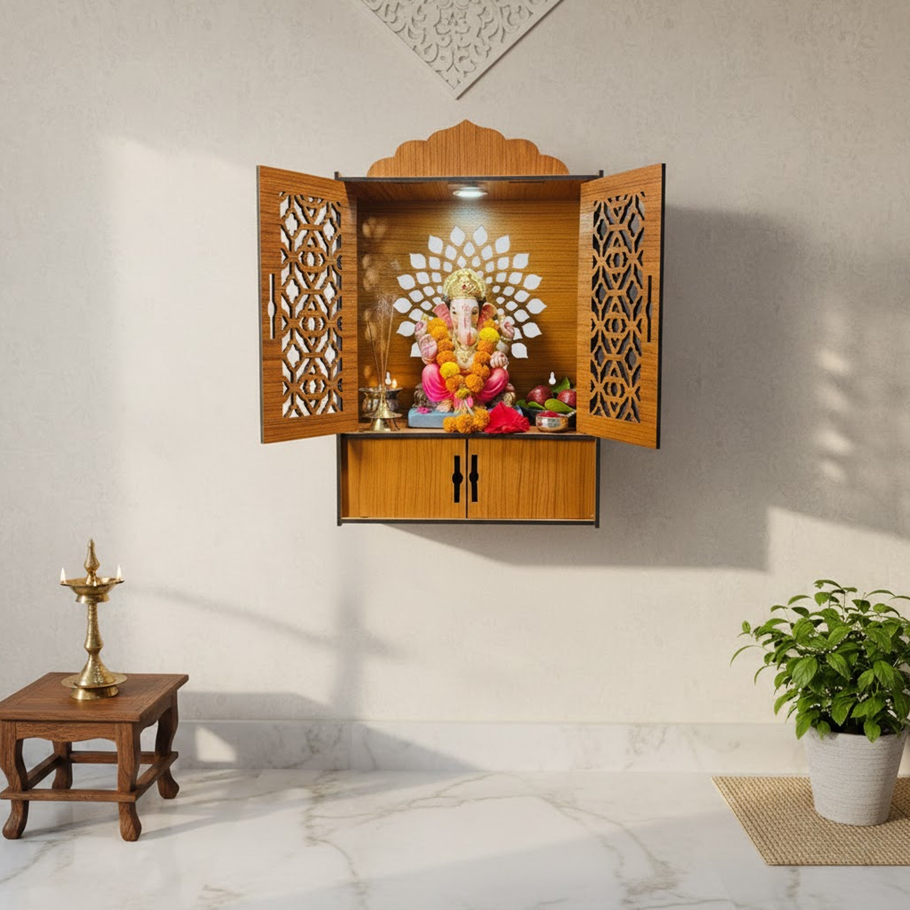 Premium Wooden Pooja Mandir for Home & Office With LED | Wall Mounted Temple with Carved Doors & Storage