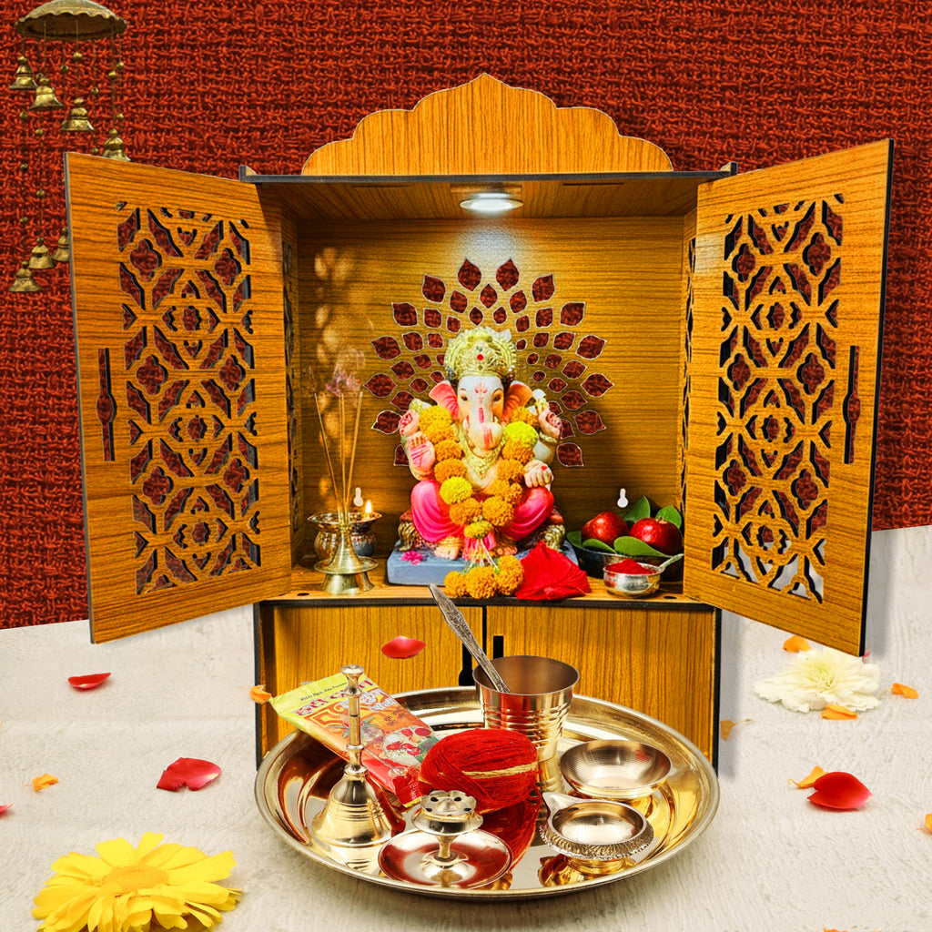 Premium Wooden Pooja Mandir for Home & Office With LED | Wall Mounted Temple with Carved Doors & Storage