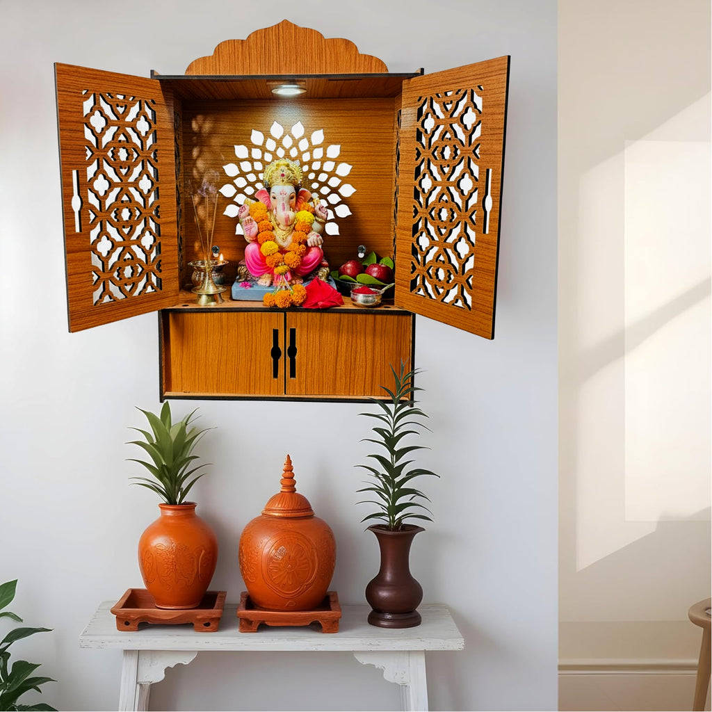 Premium Wooden Pooja Mandir for Home & Office With LED | Wall Mounted Temple with Carved Doors & Storage