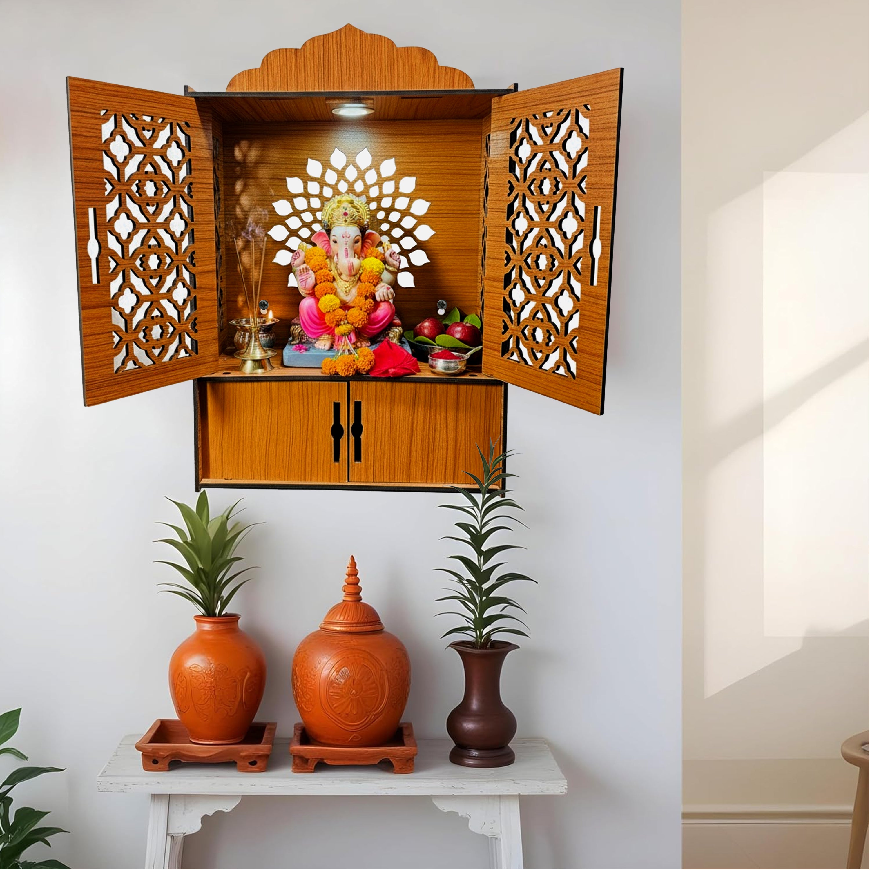 Premium Wooden Pooja Mandir for Home & Office With LED | Wall Mounted Temple with Carved Doors & Storage