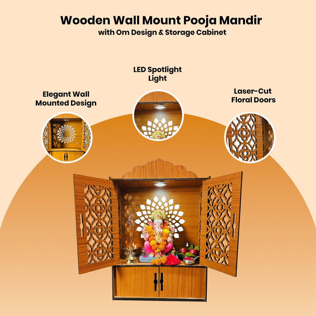 Premium Wooden Pooja Mandir for Home & Office With LED | Wall Mounted Temple with Carved Doors & Storage