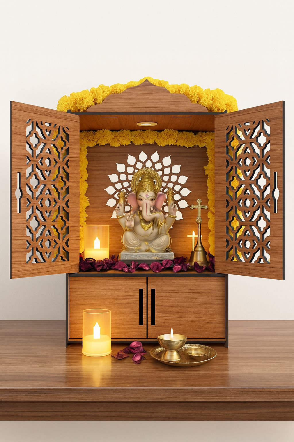 Premium Wooden Pooja Mandir for Home & Office With LED | Wall Mounted Temple with Carved Doors & Storage