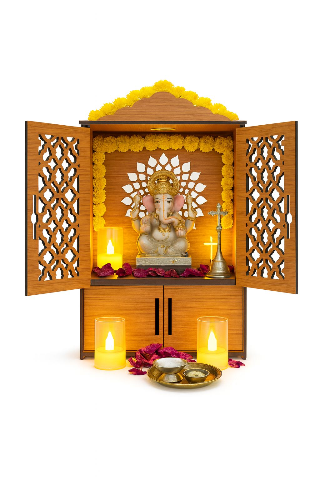 Premium Wooden Pooja Mandir for Home & Office With LED | Wall Mounted Temple with Carved Doors & Storage