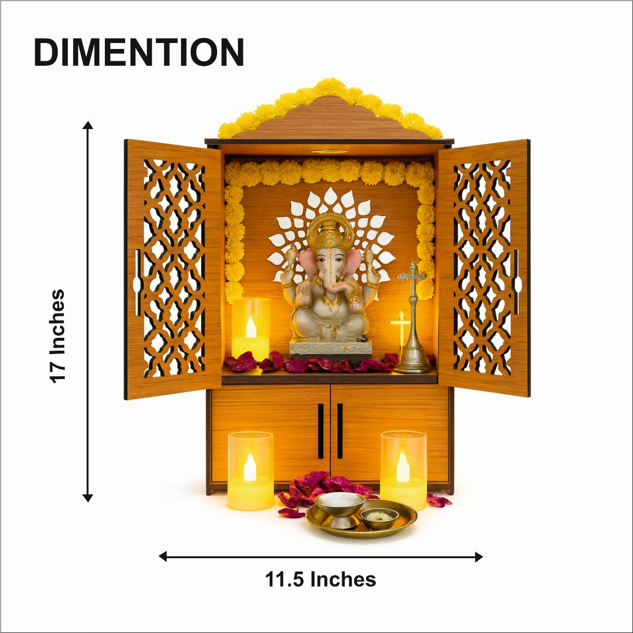 Premium Wooden Pooja Mandir for Home & Office With LED | Wall Mounted Temple with Carved Doors & Storage